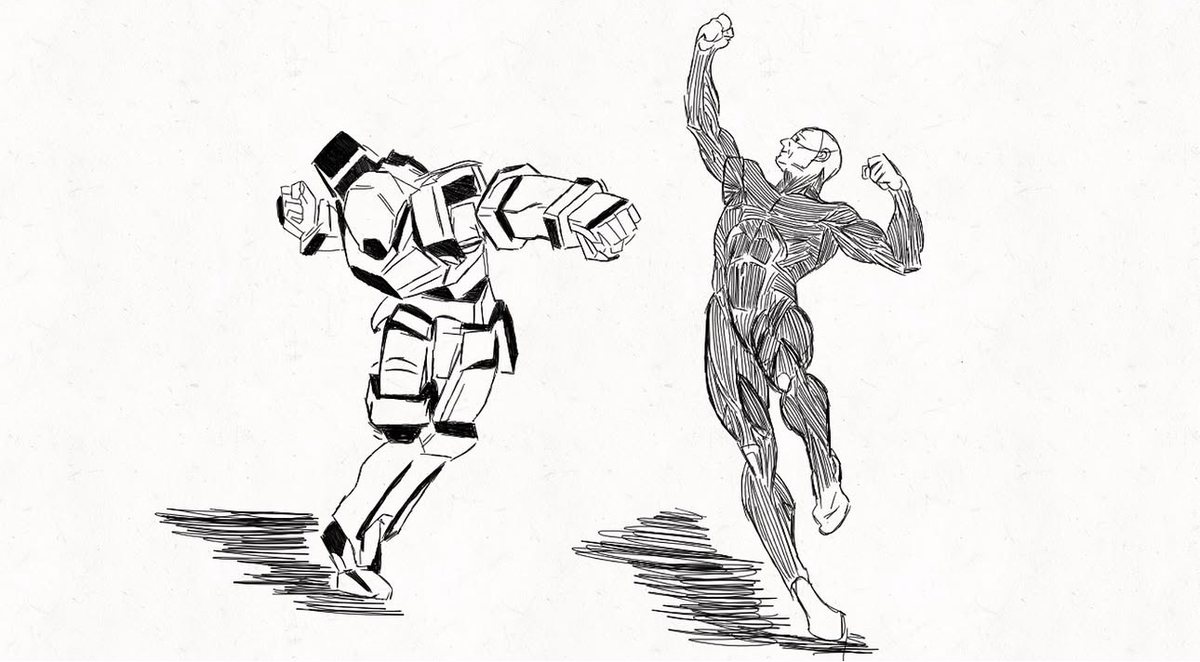 Two figures drawn in ink: an armoured fighter mid-stride and a bare muscled figure with one fist raised, both studies of anatomy in motion.