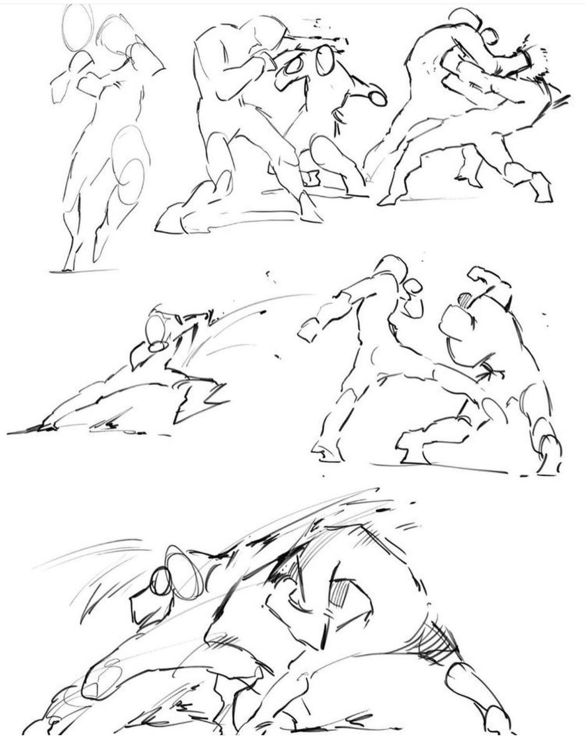 A sheet of loose ink studies of two figures wrestling and striking, drawn in quick gestural lines.