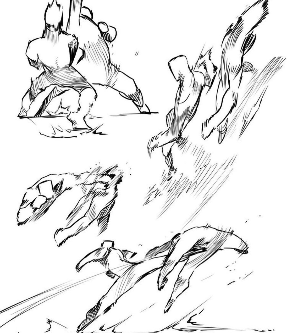 Ink sketches of a hooded figure lunging and leaping, drawn with hatched shading and speed lines.
