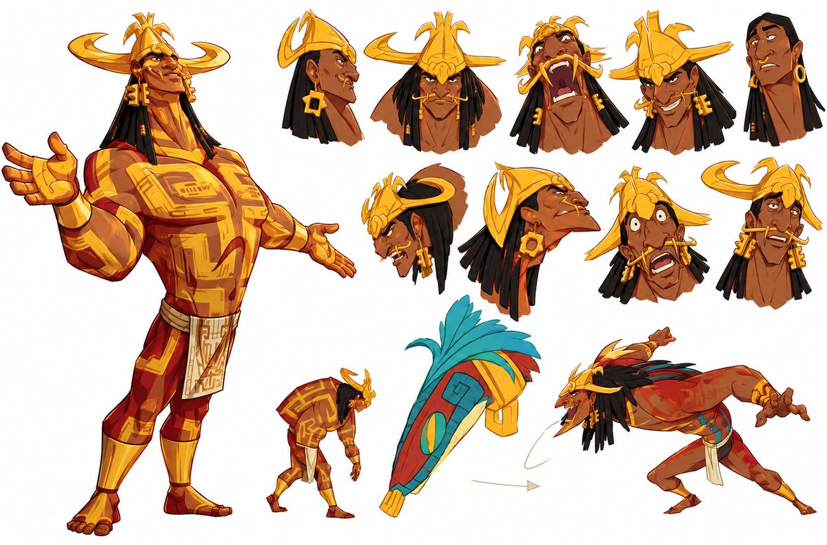Character sheet of an Incan god in a golden horned headdress with gold body markings and a red tunic, shown full length beside a row of expression studies and two crouching poses.