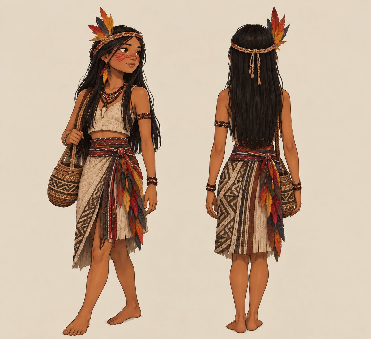 Character turnaround of a young Indigenous woman in a woven wrap skirt with feathers and a beaded necklace, seen from the front and from behind, carrying a woven basket.