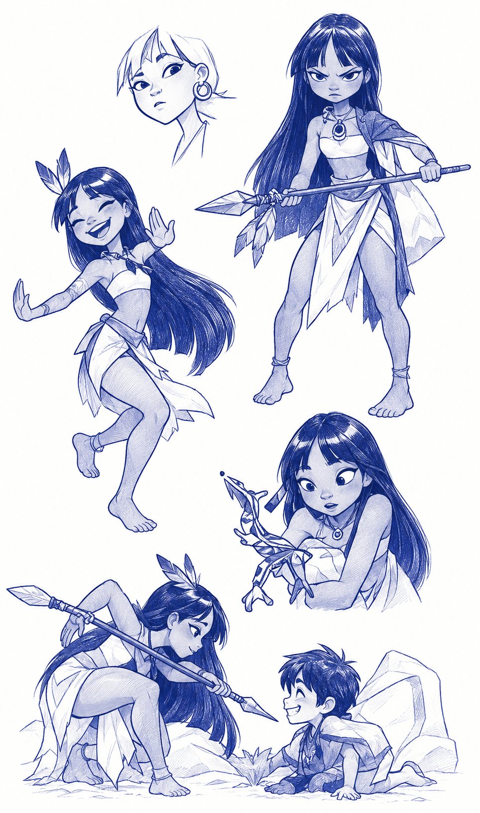 Blue pencil character sheet of a young Indigenous girl with long dark hair, shown laughing, holding a spear, drawing a bow, and crouching beside a small boy.