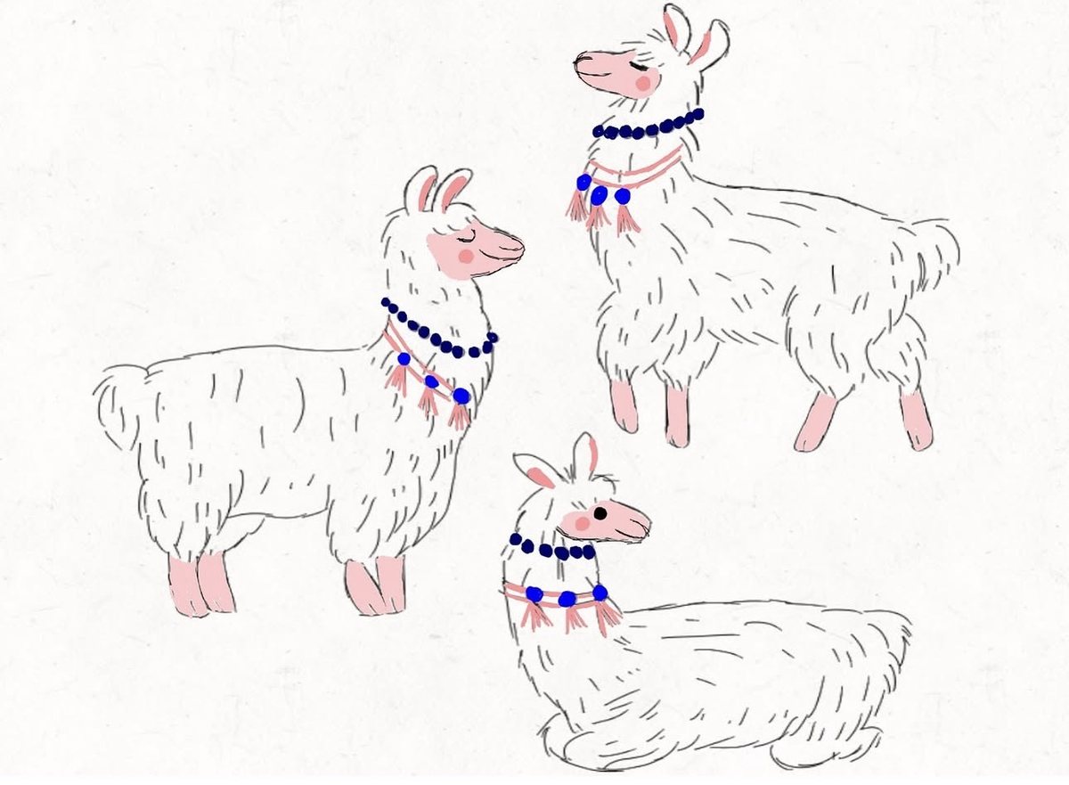 Three llamas drawn in soft line and pink wash, each wearing beaded necklaces and tassels.