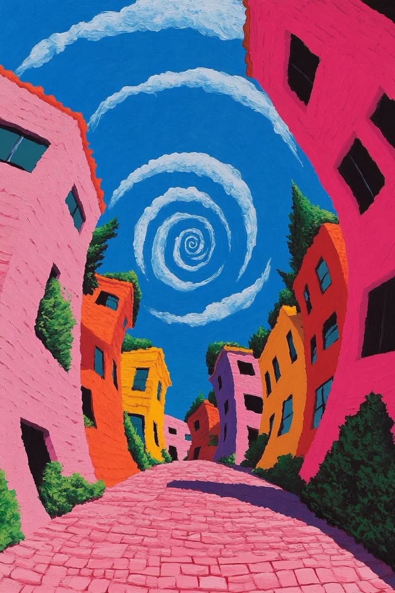 A steep village street painted in pink, orange and red, its buildings leaning inward beneath a spiral of cloud in a blue sky.