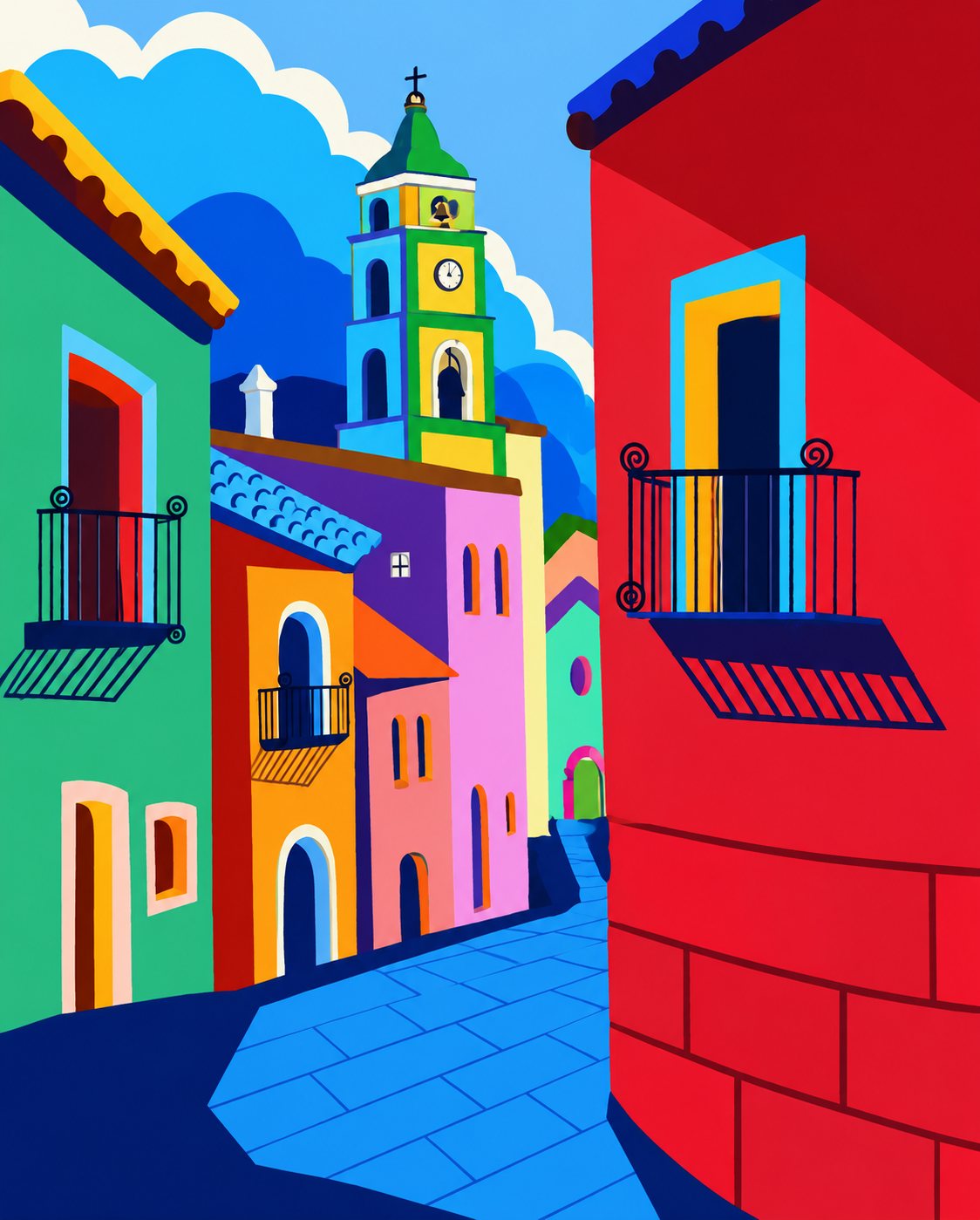 A narrow village street in flat bright colour, with green, pink and red houses, iron balconies and a tiled church bell tower against a blue sky.
