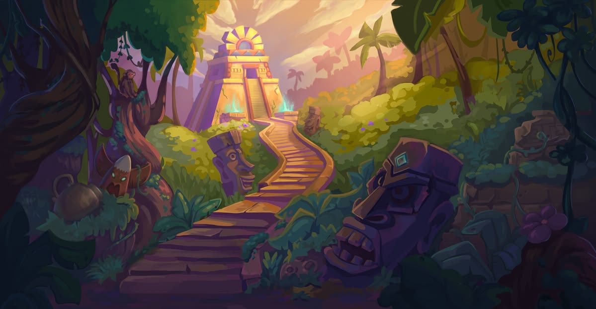 A painted path of stone steps climbing to a golden pyramid at sunset, lined with carved stone heads amid dense violet and green jungle.