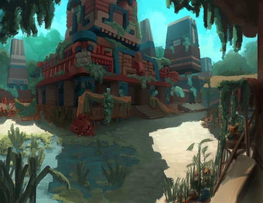 A painted jungle scene of a stepped stone temple with carved red and blue facades, overgrown with vines beside a still pool.