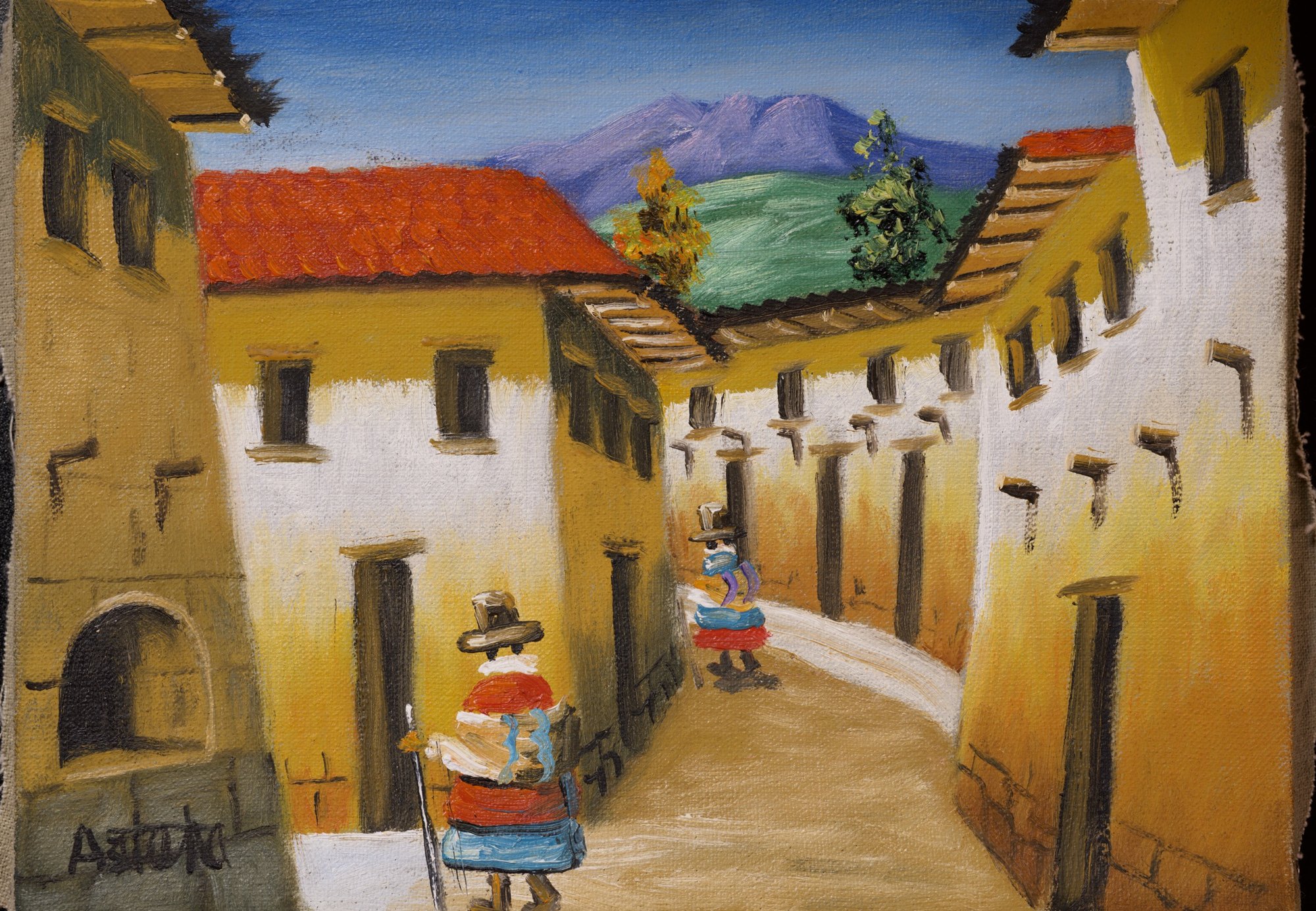 Iskay Apu by Ariana Olaya: two figures in hats and bright layered skirts walk a narrow street of ochre and white houses with red tile roofs, beneath a green hill and a violet mountain with two peaks.