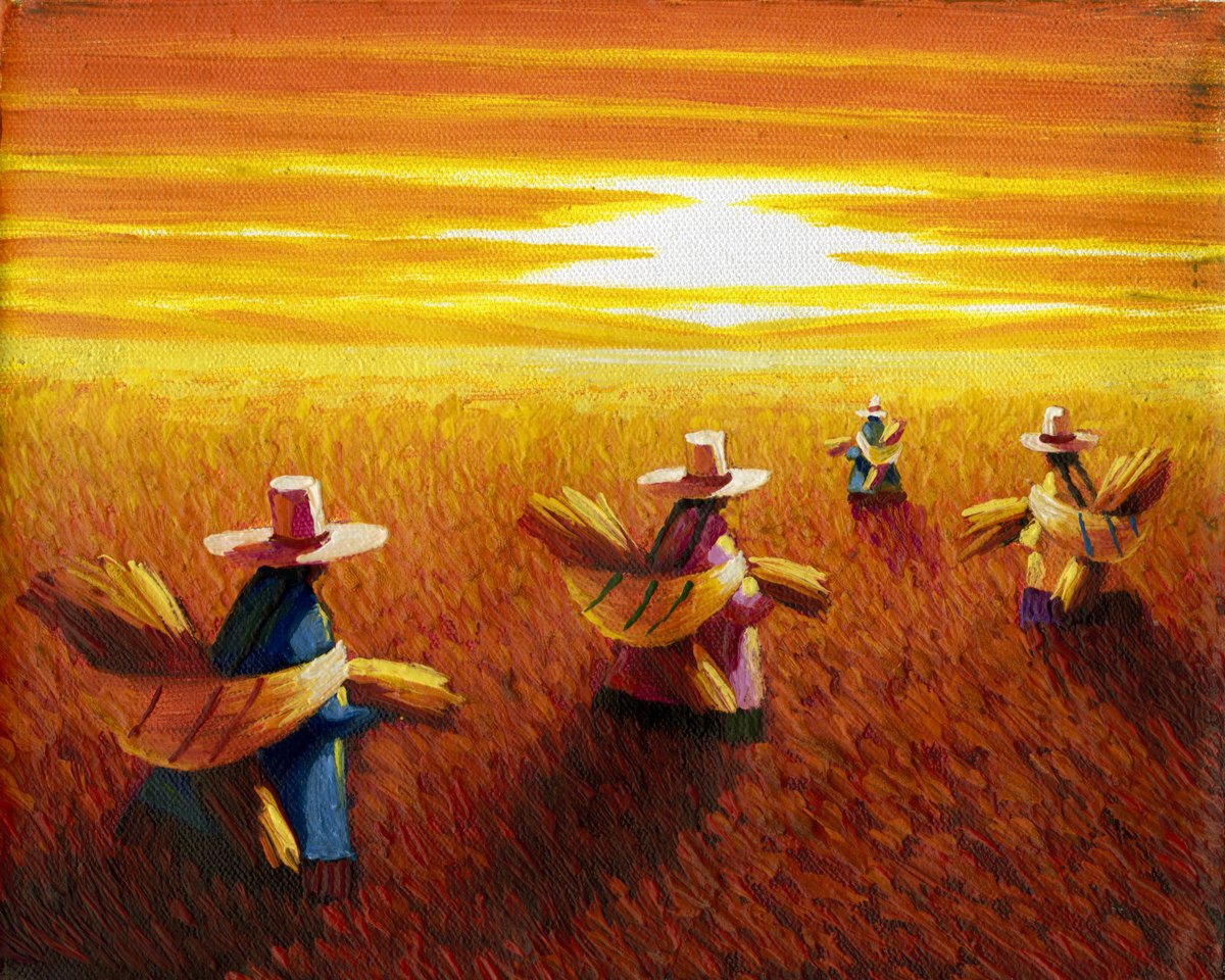 Wallpariy by Ariana Olaya: four figures in wide-brimmed hats carry bundles of harvested grain across a golden field toward a rising sun, painted in deep oranges, reds, and yellows.